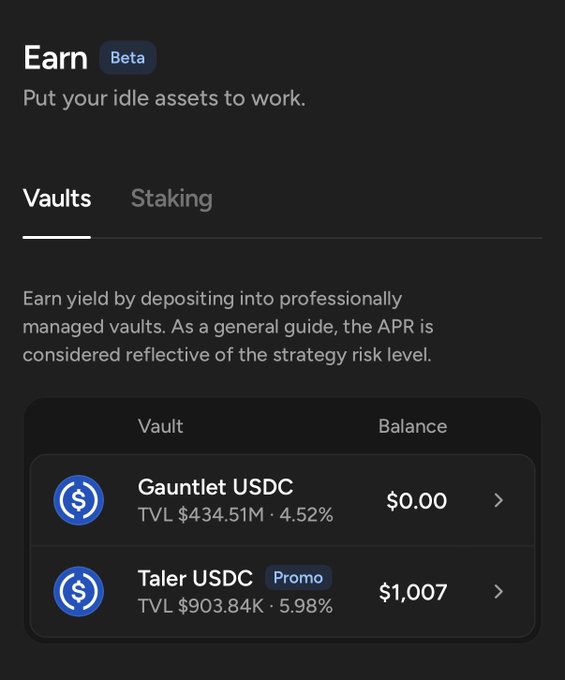 A mobile app screen titled 'Earn (Beta)' showing cryptocurrency vault options including Gauntlet USDC with 4.52% APR and Taler USDC (Promo) with 5.98% APR, with balances displayed.