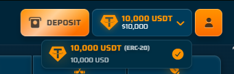 A cryptocurrency exchange interface showing a deposit option for 10,000 USDT (ERC-20) equaling 10,000 USD.