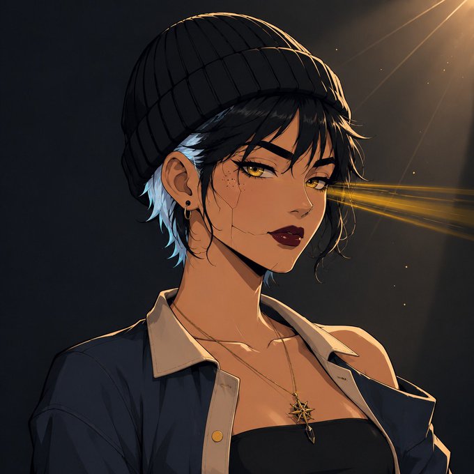 An anime-style illustration of a girl with a black beanie, glowing yellow eyes, and a star pendant, with golden light streaming across the image—evoking the energetic, optimistic vibe of the "gm" NFT community greeting.