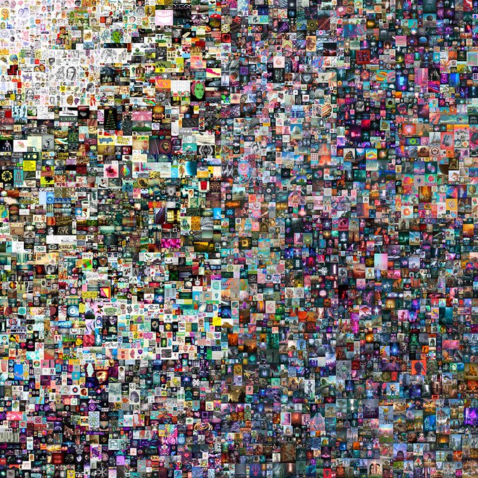 The image presents a large, visually rich mosaic of small pictures arranged together, possibly forming a pattern or design. The background appears to be white at first glance but becomes predominantly colored when more focus is put into specific areas. In this case, the focus seems to be on different styles and types of photos or images placed within the background. A caption in the image reads "5 years ago, someone bought this JPEG for $69 million It'S worth about $29K now", which indicates that the picture has been around for quite some time and is now worth significantly more than when it was first purchased. This suggests a sense of nostalgia or perhaps an appreciation for the artistry involved in creating such a unique composition, despite its initial high value.