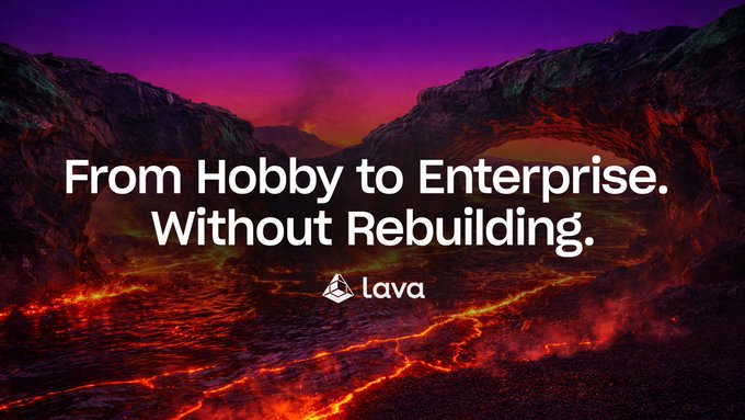 A promotional graphic featuring a dramatic volcanic landscape with glowing lava flows under a purple sky, overlaid with the text "From Hobby to Enterprise. Without Rebuilding." and the "lava" logo, visually reinforcing the message about scalable infrastructure that grows with you without requiring costly re-architecting.