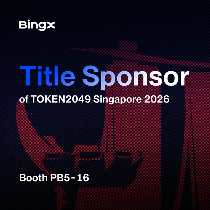 A promotional graphic for BingX as 'Title Sponsor of TOKEN2049 Singapore 2026' at 'Booth PB5-16', featuring red and blue text on a dark background with a checkered pattern.