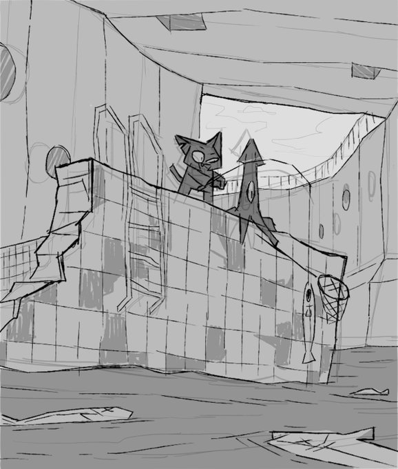 A sketch showing a black cat perched on top of a tiled wall inside a subway station, playing with an arrow sign, with a small fish dangling below as bait on a string.