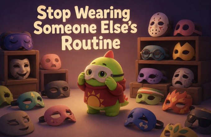 A 3D-rendered green cartoon character tries on a pink sleep mask while surrounded by a collection of colorful superhero and wrestling-style masks, with the text 'Stop Wearing Someone Else's Routine'.