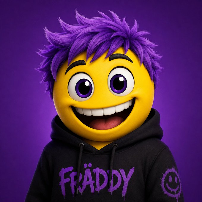 A 3D-rendered yellow emoji face with spiky purple hair, large purple eyes, and a wide open-mouthed smile, wearing a black hoodie with purple graffiti-style text 'FRÄDDY' and a smiley face logo.