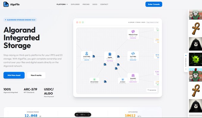 AlgoFile website screenshot showcasing 'Algorand Integrated Storage' with a platform interface diagram and statistics like 'STORAGE PINNED 12,048 GB' and 'NFTS MINTED 10612'.