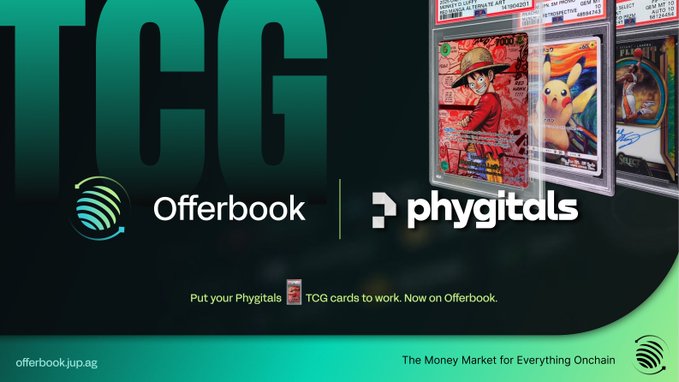 The image features a poster for an offerbook called "Phygitalss" with three Pokemon cards displayed, including a Pikachu card. The text on the poster reads "To make this real, the cards need to exist onchain, authenticated and verified that's exactly what @phygitals built. It bridges your physical graded TCG cards onchain, so every card that hits Offerbook as collateral is real and backed by one of the most trusted names in". The post also mentions that the offerbook is for "Phygitalss" and "Offerbook", which are related to Pokemon cards.