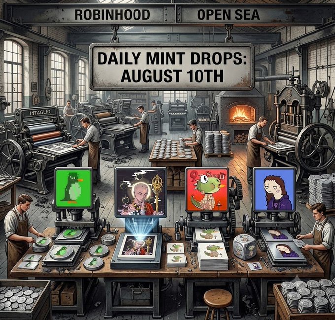 A steampunk-style industrial workshop scene labeled 'ROBINHOOD OPEN SEA - DAILY MINT DROPS: AUGUST 10TH,' depicting workers producing NFT-style prints and coins featuring cartoon characters.