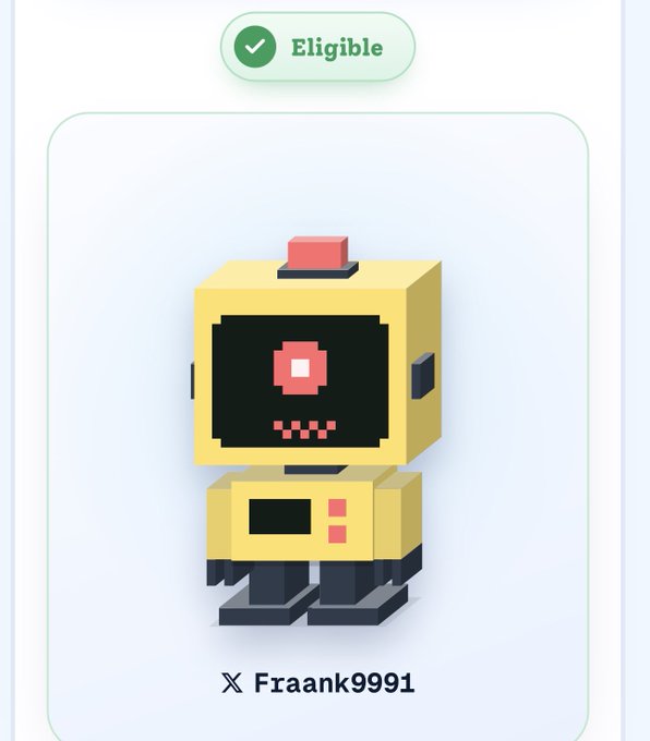 A digital trading card displays a yellow pixel-art robot character labeled 'Fraank9991' with a green 'Eligible' badge at the top.