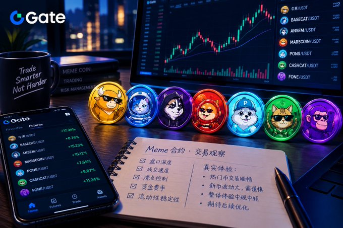 A promotional image for Gate.io featuring cryptocurrency trading, meme coins, a trading app interface, a 'Trade Smarter Not Harder' mug, and Chinese text about meme contract trading observations.