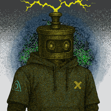 A pixel-art figure wearing a dark hoodie emblazoned with the Brainrot Project logo and a yellow "X" features a cylindrical head with a lightning bolt striking from the top, tying into the celebratory giveaway post for Brainrot (BRKR) V2 and TwistedTweak NFT communities.