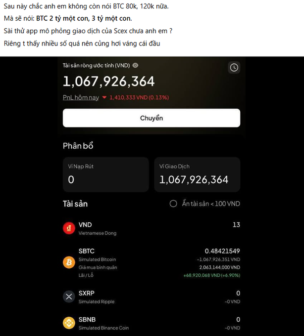 A screenshot of a crypto trading app in Vietnamese showing a balance of 1,067,926,364 VND with simulated assets including SBTC (0.48421549) and holdings labeled as "Simulated Bitcoin," "Simulated Ripple," and "Simulated Binance Coin."
