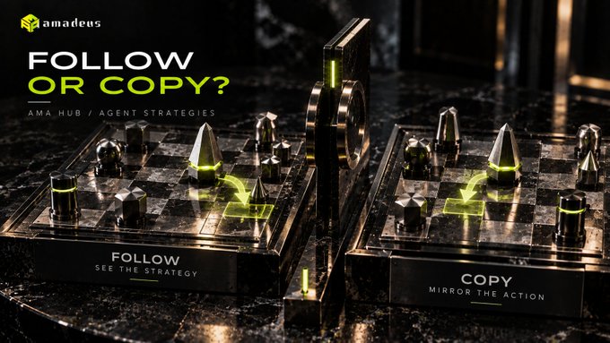 An advertisement for 'amadeus AMA HUB' poses the question 'FOLLOW OR COPY?' with two illuminated chessboards side by side labeled 'FOLLOW - SEE THE STRATEGY' and 'COPY - MIRROR THE ACTION'.