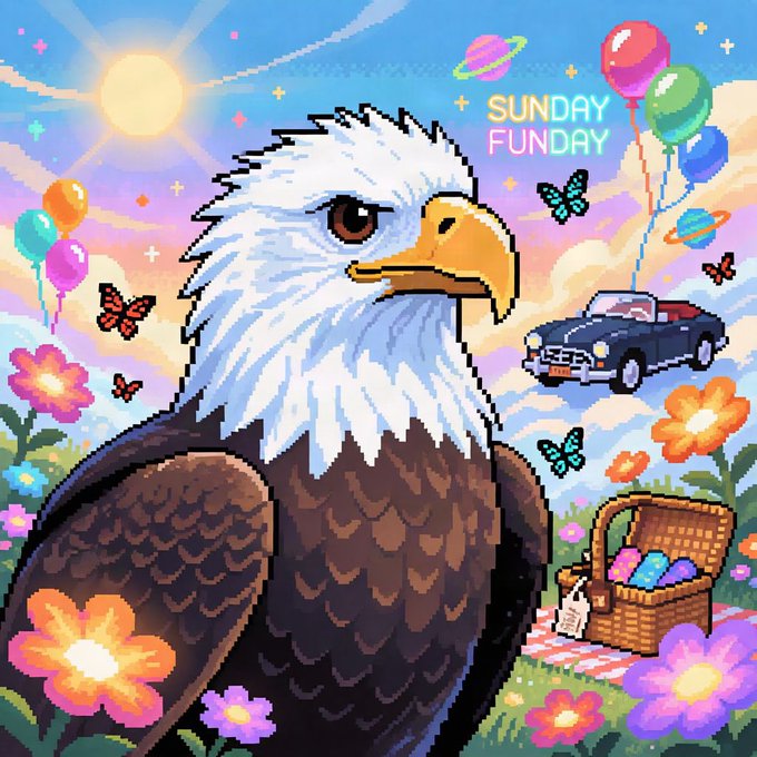 A pixel art illustration of a bald eagle surrounded by colorful flowers, balloons, butterflies, a vintage car, and a picnic basket, with the text 'SUNDAY FUNDAY' in the sky.
