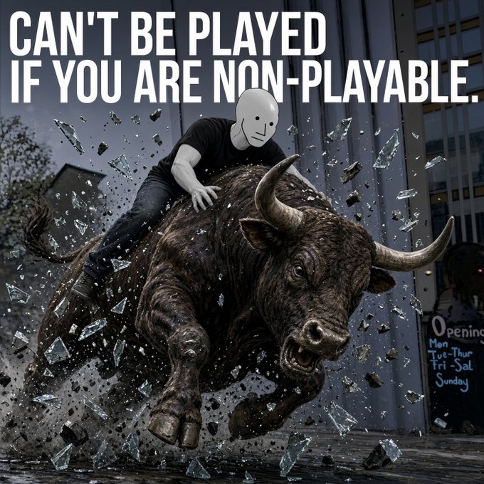 A meme-style image showing a figure wearing a white mask riding a charging bull through shattering glass, with bold text reading 'CAN'T BE PLAYED IF YOU ARE NON-PLAYABLE.'