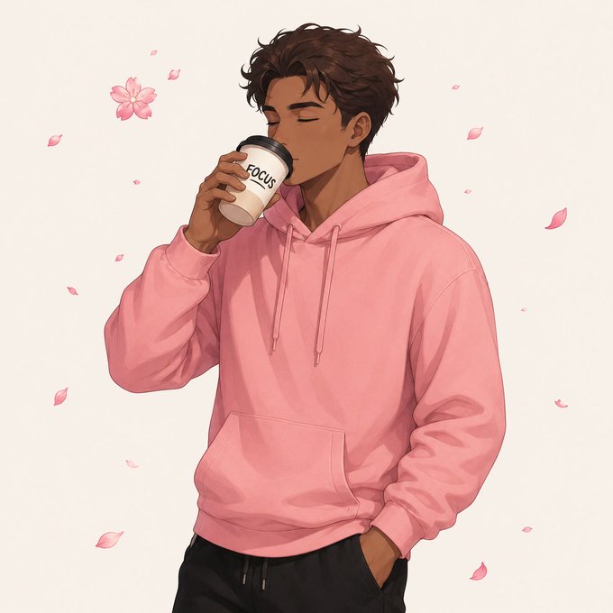 An anime-style illustration of a young man with curly brown hair and a pink hoodie sipping from a coffee cup labeled "FOCUS," surrounded by falling pink cherry blossom petals.