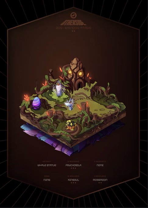 A stylized game item card titled 'SUBSTRATE - 002 - RAINDROWN ATMOS' displaying an isometric island scene with a central structure, a purple egg, and a small character, with listed artifacts/resources including 'WHALE STATUE', 'PSECHOSILK', 'KINSOU', and 'MOSSMOON'.