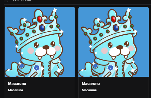 Two identical digital collectibles show a blue cartoon character named 'Macarune' wearing a jeweled crown, with the price '1.75' visible at the top.