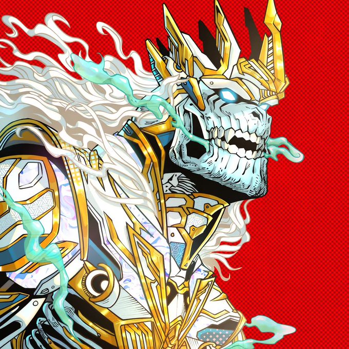 A comic book illustration of a skeletal warrior with glowing blue eyes wearing ornate gold and white armor, set against a bold red halftone background.
