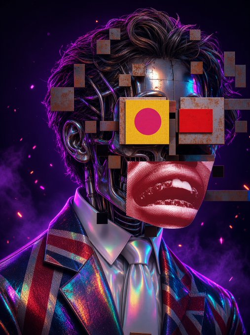 A metallic humanoid figure wears a holographic Union Jack suit with glitch-art face elements—colored squares and a distorted mouth—set against a purple cosmic backdrop, visually echoing the post's theme of digital art that transcends static form through layered, interconnected, and evolving visual components.