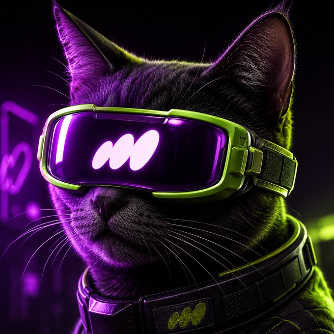 A close-up of a black cat wearing neon green and purple VR goggles with a glowing visor, set against a dark purple background.