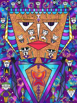 A colorful psychedelic digital artwork featuring a large face with cat-like features, red lips, and smaller cartoon characters set against a vibrant space-themed background.