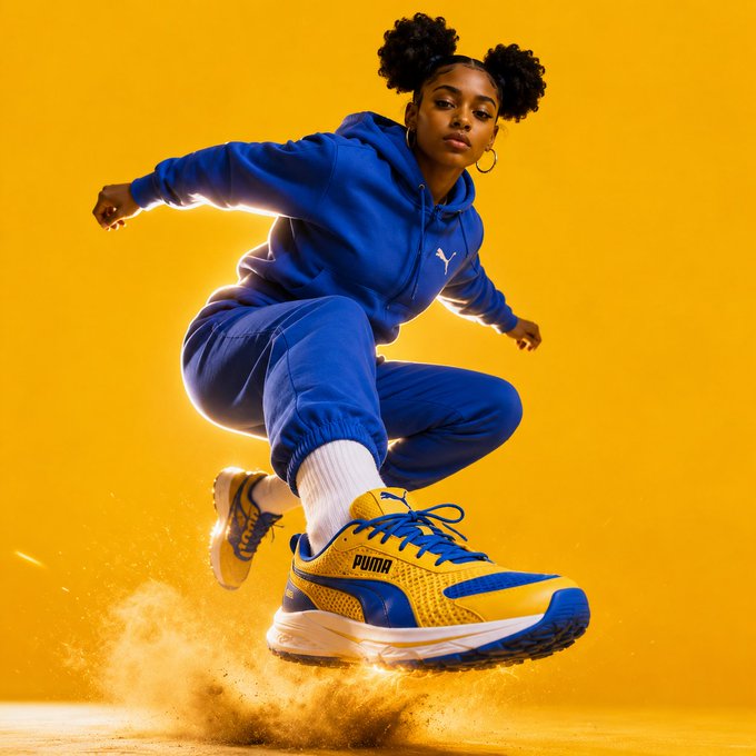 A young woman in a blue Puma tracksuit jumping mid-air, showcasing yellow and blue Puma sneakers against a yellow background.