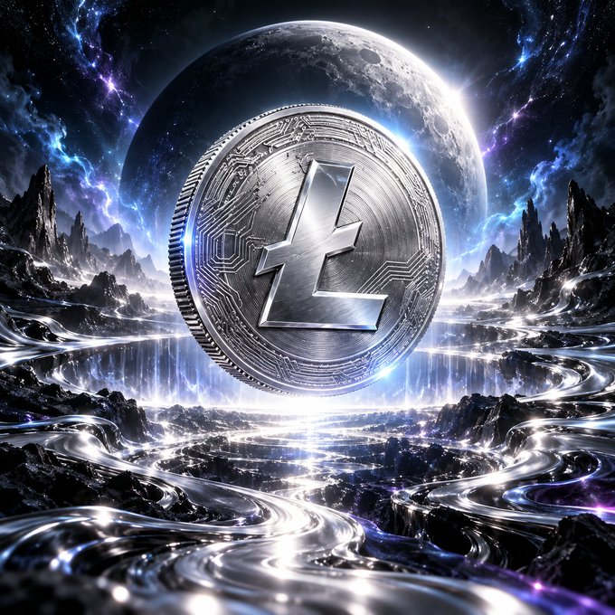 A glowing silver Litecoin ($LTC) coin hovers over a cosmic landscape of swirling liquid metal and stormy skies, symbolizing the cryptocurrency's enduring strength and longevity since 2011. The futuristic, otherworldly imagery reinforces the post's message of Litecoin as a battle-tested, life-changing asset in the crypto space.