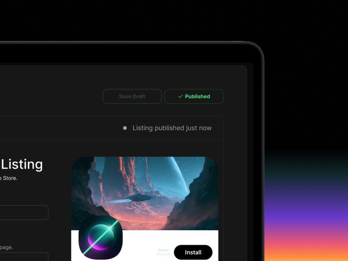 A dark-themed app listing page showing a 'Published' status with a notification 'Listing published just now' and a featured app image of a spaceship flying through a canyon.