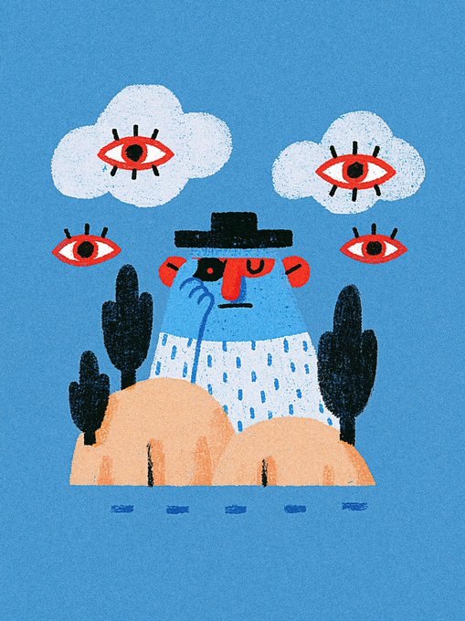 An artistic illustration of a blue-skinned figure wearing a black hat, sitting on an orange rocky outcrop flanked by dark cacti, surrounded by clouds and stylized red eyes in the sky.