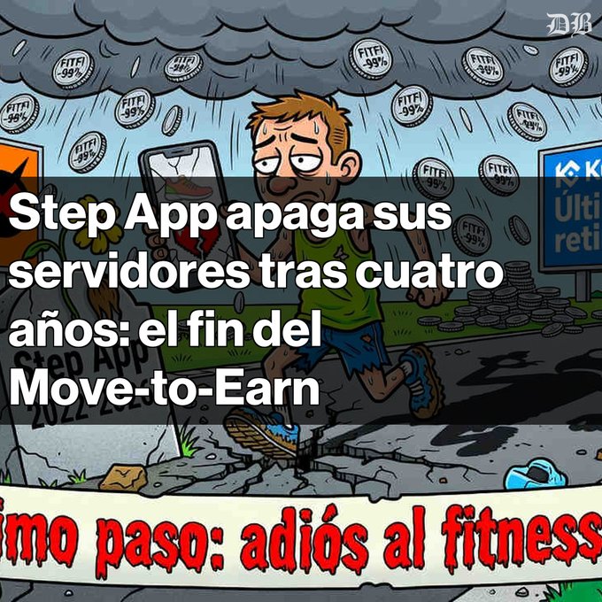A cartoon image with Spanish text 'Step App apaga sus servidores tras cuatro años: el fin del Move-to-Earn', depicting a sad character under falling coins labeled 'FITFI -99%'.