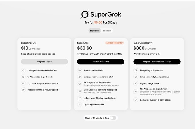 The image shows a screenshot of a computer program, possibly a webpage or application, displayed on a screen. The main focus of the image is a white box with black text that contains information about SuperGrok and its features. The text provides details such as a pricing structure, an example of a pricing breakdown, and additional information regarding the service being offered for free. This type of visual representation allows users to quickly understand what they can expect from the SuperGrok software or application without having to read lengthy descriptions or technical documents. It is likely that this screen is part of an online advertisement, promotion, or user review site related to SuperGrok and its offerings.