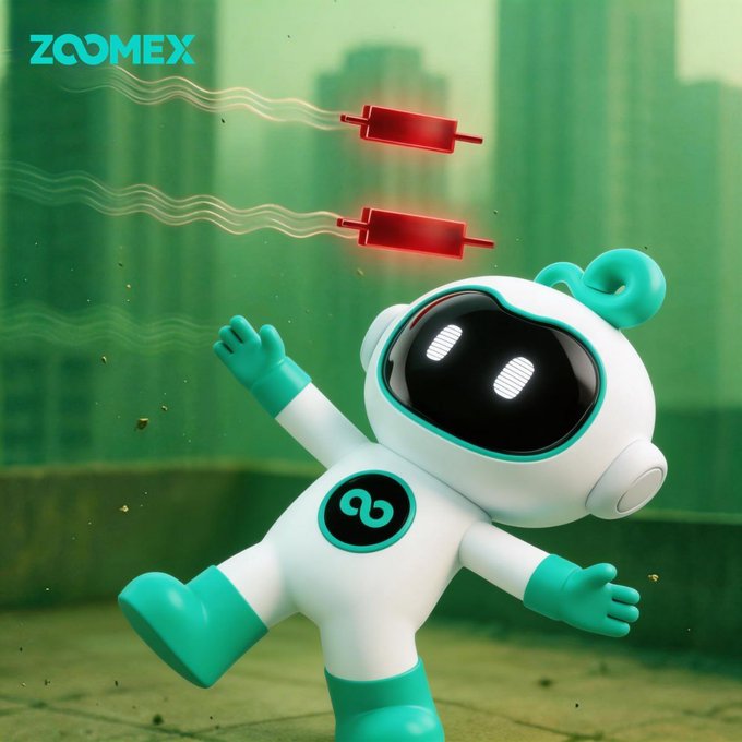 A 3D illustration for ZOOMEX featuring a teal and white astronaut robot with red glowing trail effects against a city skyline background.