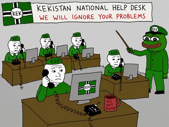 A cartoon illustration titled 'KEKISTAN NATIONAL HELP DESK: WE WILL IGNORE YOUR PROBLEMS,' featuring frustrated operators in 'KEK' hats at phones while a Pepe the Frog supervisor points, with a coffee mug labeled '#1 SHIT POSTER.'