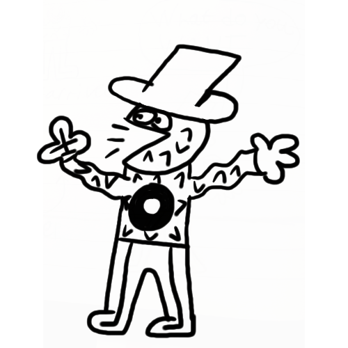 A simple black and white line drawing of a cartoon character wearing a top hat and a shirt with the number '0' on it, with arms outstretched.