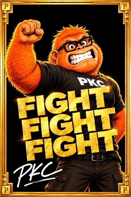 A stylized poster featuring an orange gorilla character wearing a black 'PKC' shirt with a raised fist, set in an ornate gold frame with 'FIGHT FIGHT FIGHT' in gold lettering and a 'PKC' signature.