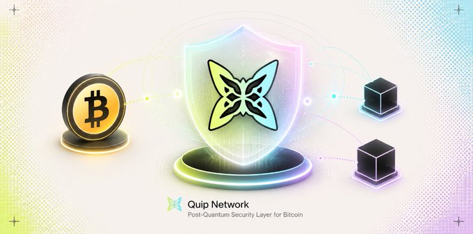 The image features a poster for Quip Network, which promotes Quantum resistance on Bitcoin. The poster includes three butterflies with different colors - yellow, blue, and green. Each butterfly represents a layer of security that can be added to Bitcoin. The butterflies are positioned in front of a shield, symbolizing the protection provided by these layers against Quantum attacks. The text at the bottom of the poster states "Quantum resistance on Bitcoin just became opt-in. No fork. No migration. No permission needed from the network." This message emphasizes the importance of implementing these security measures to protect Bitcoin users' data and privacy.