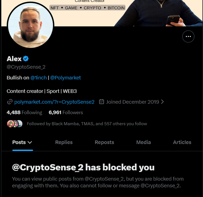 A Twitter/X profile for Alex (@CryptoSense_2) is shown, displaying a notice that '@CryptoSense_2 has blocked you', preventing engagement with the account.