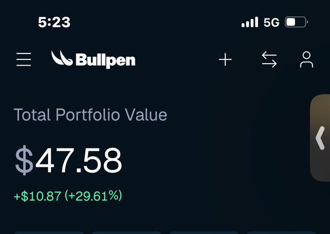 The image shows a Bullpen app screenshot displaying a Total Portfolio Value of $47.58, with a gain of +$10.87 (+29.61%) shown in green. This appears to be the poster's small "$ANSEM bag" pumping, supporting their bullish claim about the token's potential run toward a $1 billion valuation.