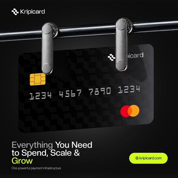 An advertisement for 'Kripicard' featuring a black card hanging from a rod, with the tagline 'Everything You Need to Spend, Scale & Grow'.