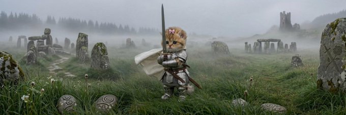 A small hamster or gerbil dressed as a knight stands in armor wielding a sword and shield amid a misty field of stone circles and ancient ruins, matching the whimsical "swordcat" theme of the post.