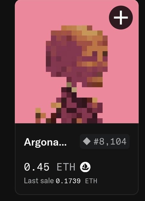 A mobile app interface displays an NFT listing for 'Argona...' (item #8,104) priced at 0.45 ETH, with a last sale price of 0.1739 ETH, showing a pixel art character on a pink background.
