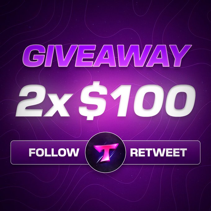 A purple promotional graphic advertising a giveaway of '2x $100' requiring users to 'FOLLOW' and 'RETWEET' a Twitter/X account.