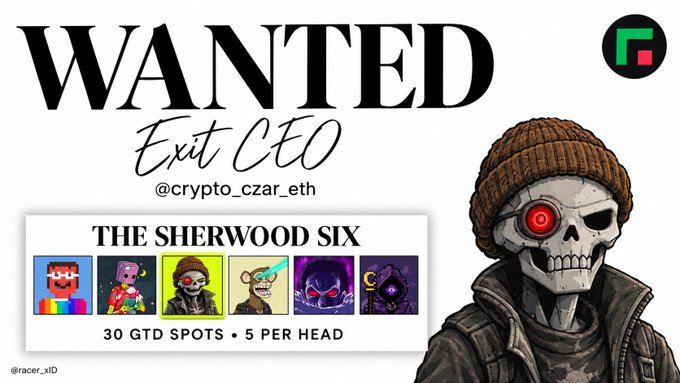 A 'WANTED Exit CEO @crypto_czar_eth' graphic featuring a skeleton with a red glowing eye wearing a beanie and leather jacket, alongside 'THE SHERWOOD SIX' collection with '30 GTD SPOTS • 5 PER HEAD'.