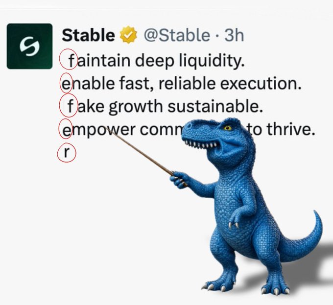 A meme image showing the Stable (STABLE) Twitter account with the first letters of each line circled in red to spell out 'liefer', accompanied by a blue dinosaur pointing with a stick.