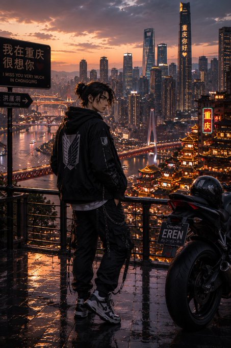 An anime-style cyberpunk illustration of a young man in a black hoodie with an Eren (Attack on Titan) emblem standing on a rainy balcony overlooking a futuristic cityscape, with signs reading 'I MISS YOU VERY MUCH IN CHONGQING' and 'Chongqing'.