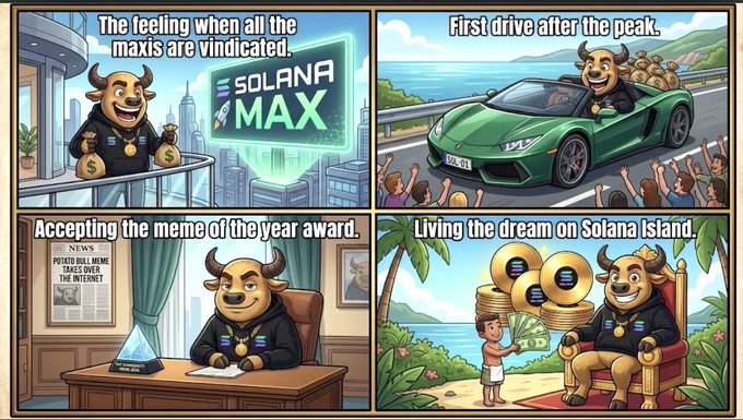 A four-panel comic meme featuring a Solana Maxis bull character celebrating in various scenarios, with text including 'The feeling when all the maxis are vindicated', 'SOLANA MAX', 'First drive after the peak', 'Accepting the meme of the year award', and 'Living the dream on Solana Island'.