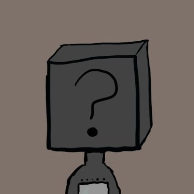 A simple digital sketch of a character with a gray, box-shaped head featuring a question mark on its face, set against a mauve background.