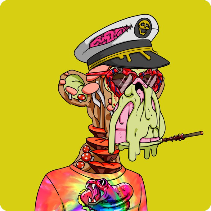 The image features a cartoon character with a face, dressed in a colorful tie-dye shirt and wearing a hat that has a skull design on it. The character appears to be holding a pipe or smoking something, possibly a joint. The background of the image is yellow, which contrasts with the colorful attire of the character.

The post about the character reads: "Mutant #17736 Bought for 1.45 ETH 0xdfa7...659d 0xb2a8..." and "Focus on what is in the image and how it relates to the post." The post seems to be discussing a unique, colorful, and possibly dangerous character that has been purchased by an individual or organization.