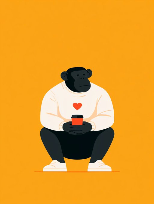 The image features a cartoon monkey sitting down with a coffee cup in its hands, holding it up as if it's drinking from it. The monkey appears to be wearing a white sweater with a red heart design. The background of the image is yellow, which contrasts with the black and white elements of the illustration.